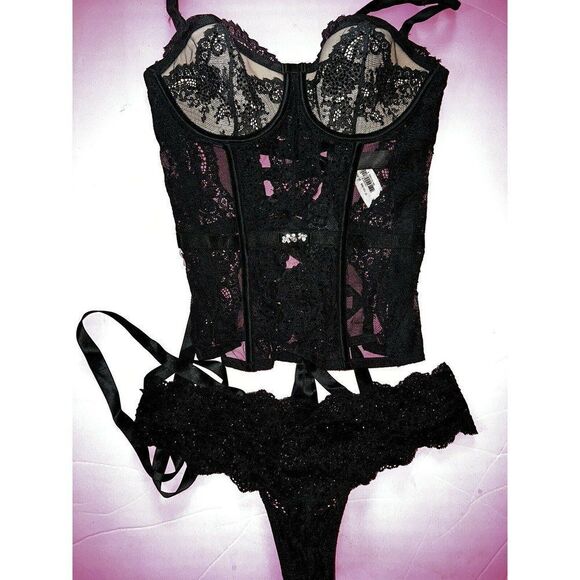 Victoria's Secret DESIGNER COLLECTION 32C CORSET SET S BLACK lace crystallized
